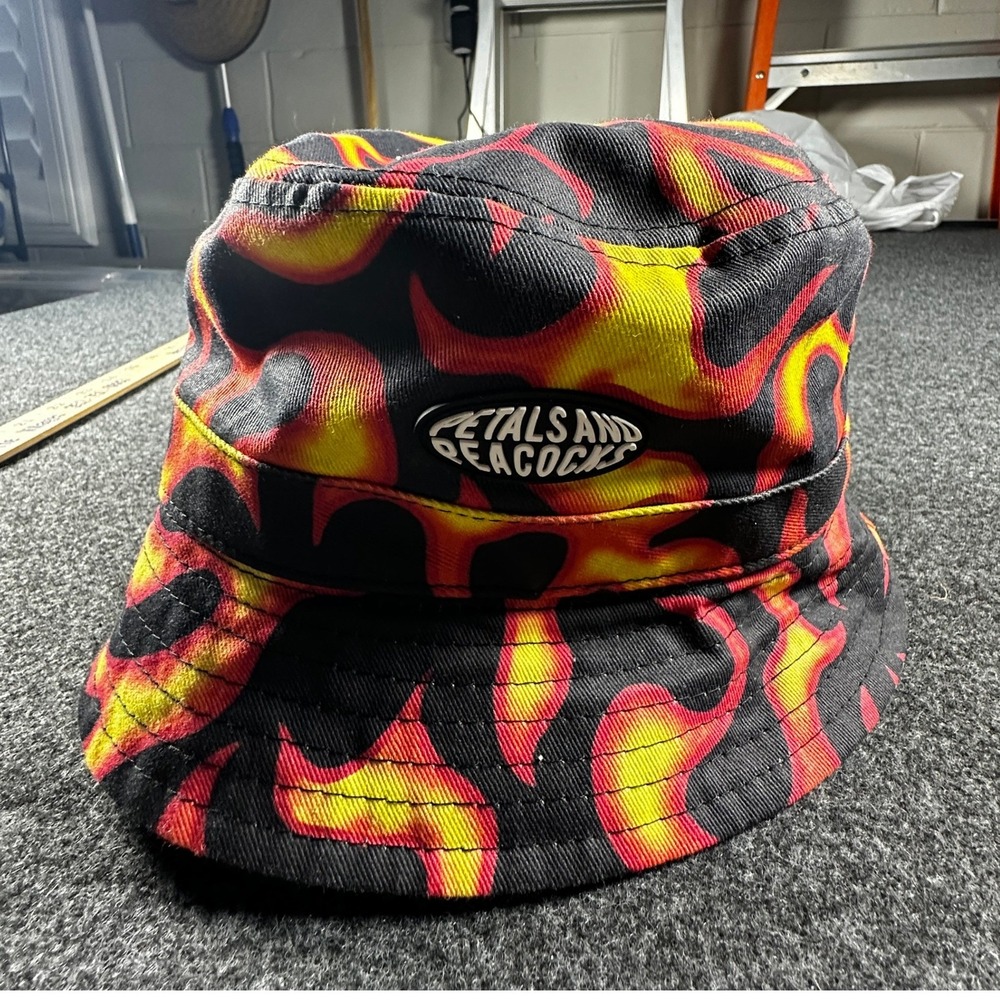 Petals and Peacocks Black Flame Print Bucket Hat 100% Cotton Streetwear One Size